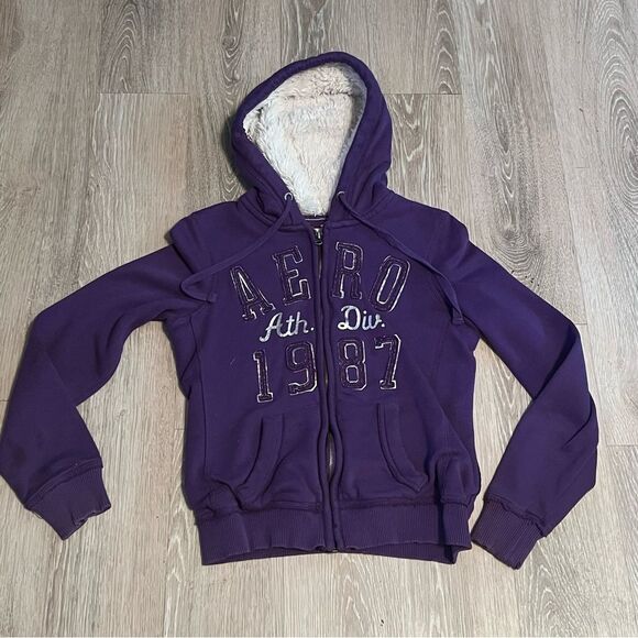 Y2K Aeropostale fur hoodie Full Zip Jacket Silver Metallic Logo M Purple Thermal - Picture 1 of 16